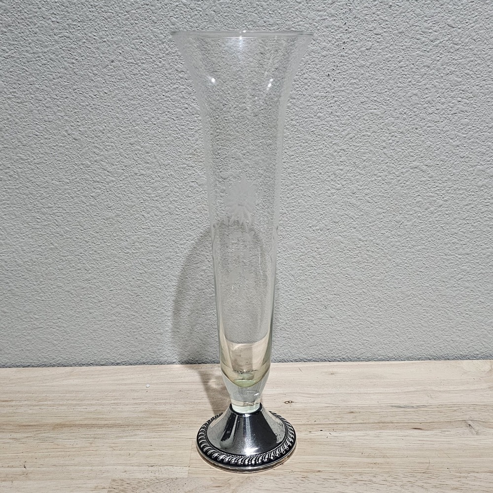 Vintage Sterling Silver Etched Glass Bud Vase Duchin 9.5 inches Floral Design